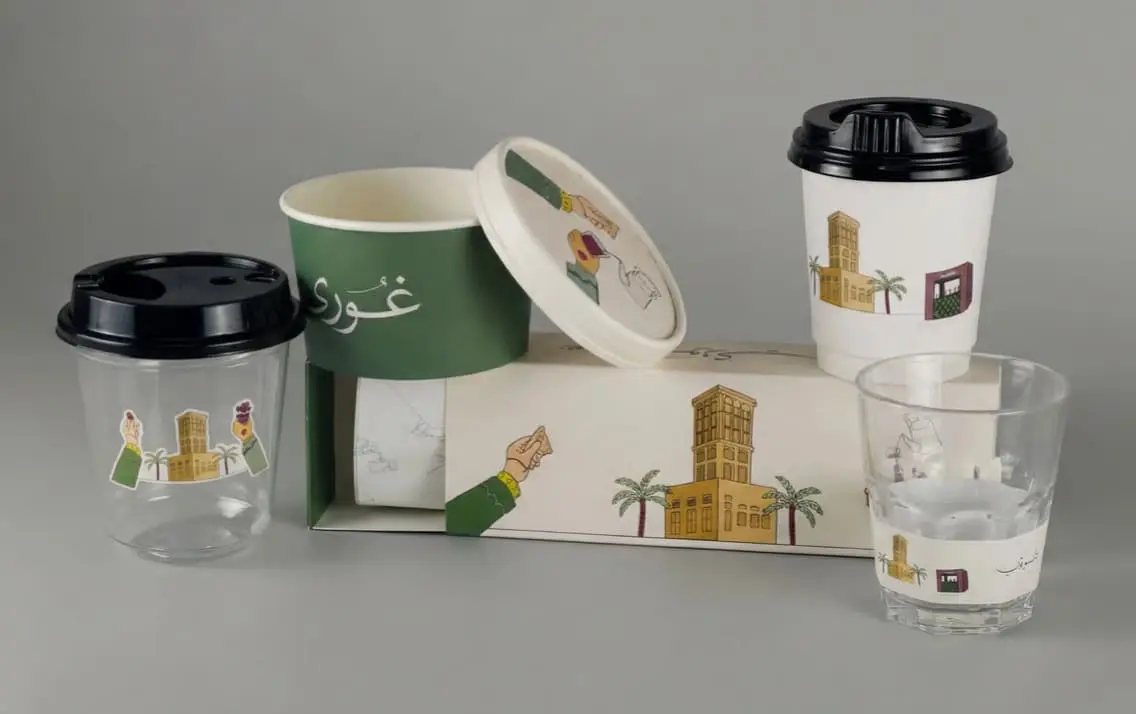branded cups, stickers, boxes