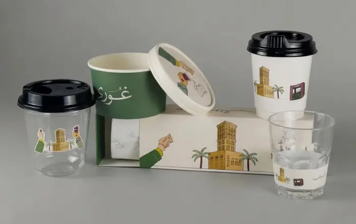 branded cups, stickers, boxes